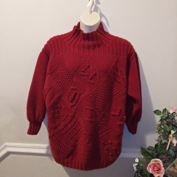 Hand Crafted Sweaters - 3/$18 Vintage Cottagecore Style Handknit Red Multi-Patterned Wool Sweater